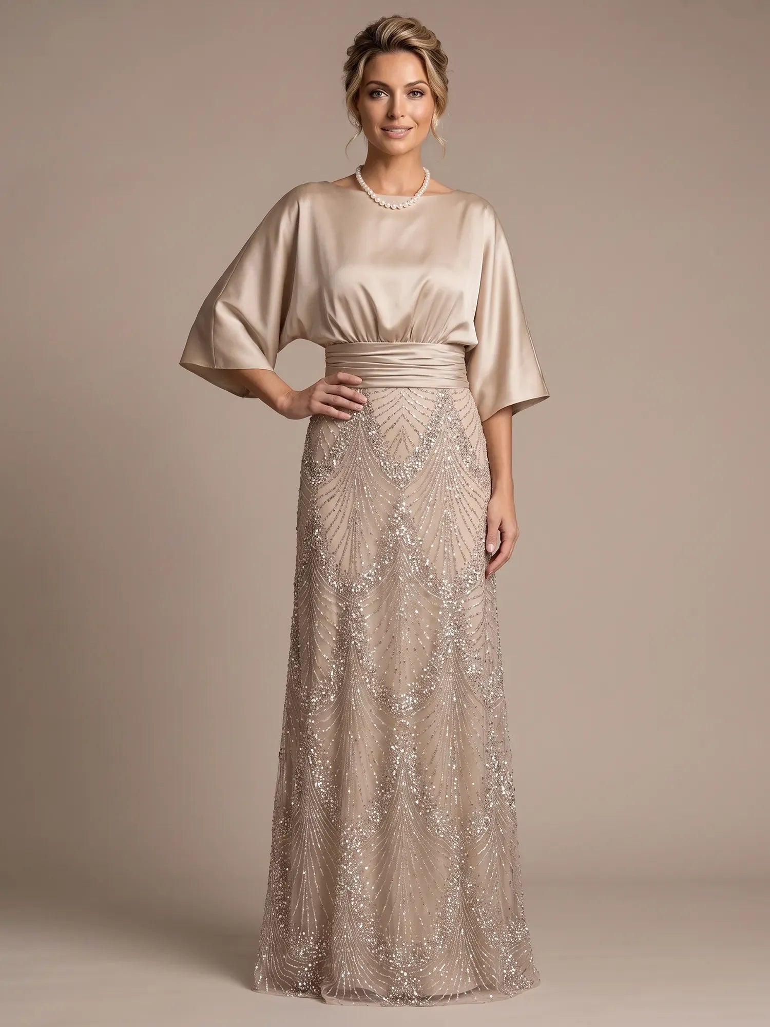 Champagne Bateau Neck Satin 3/4 Batwing Sleeves Maxi Dress