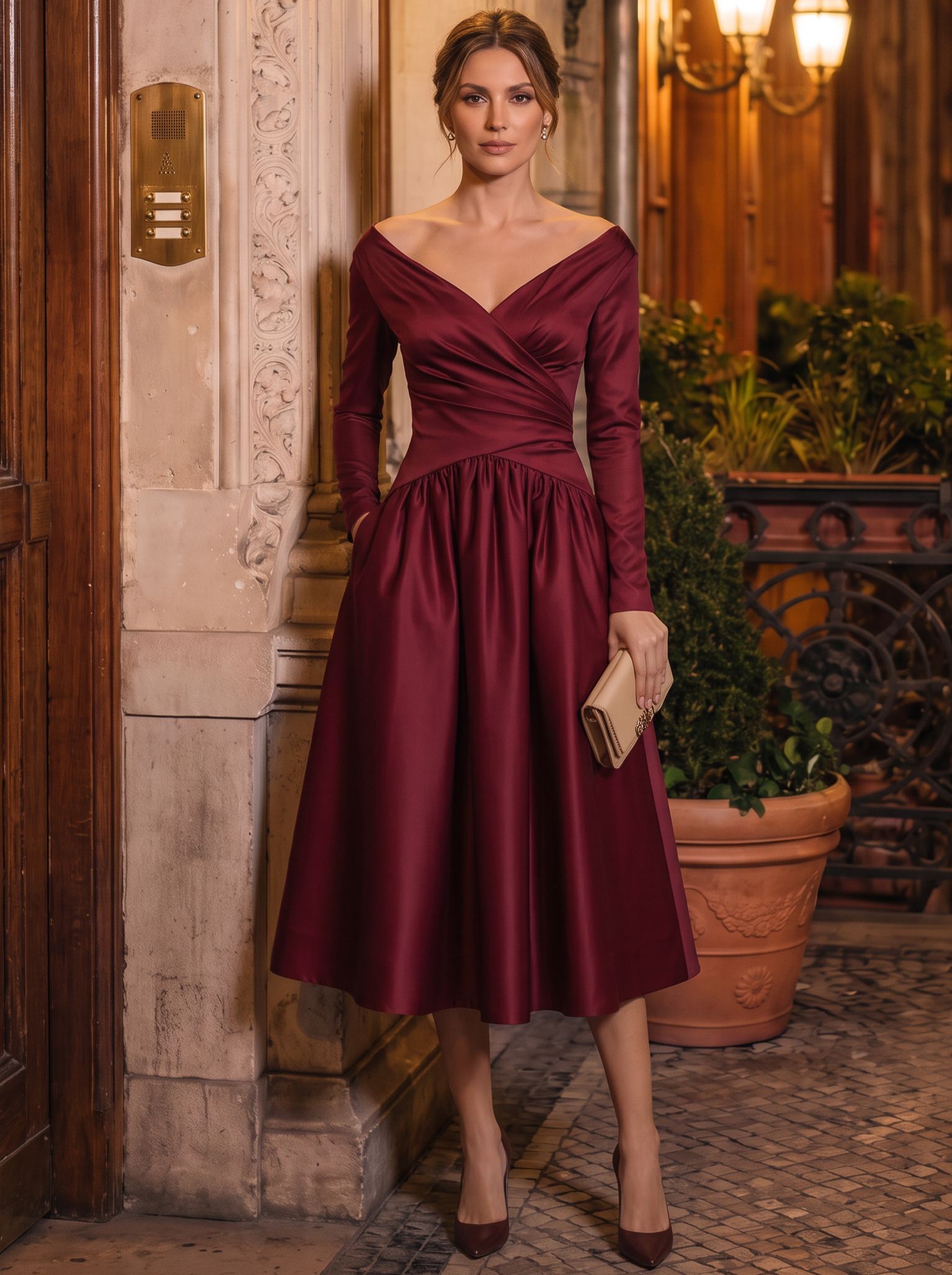Burgundy Ruched Classic V Neck Long Sleeve A-Line Midi Dress