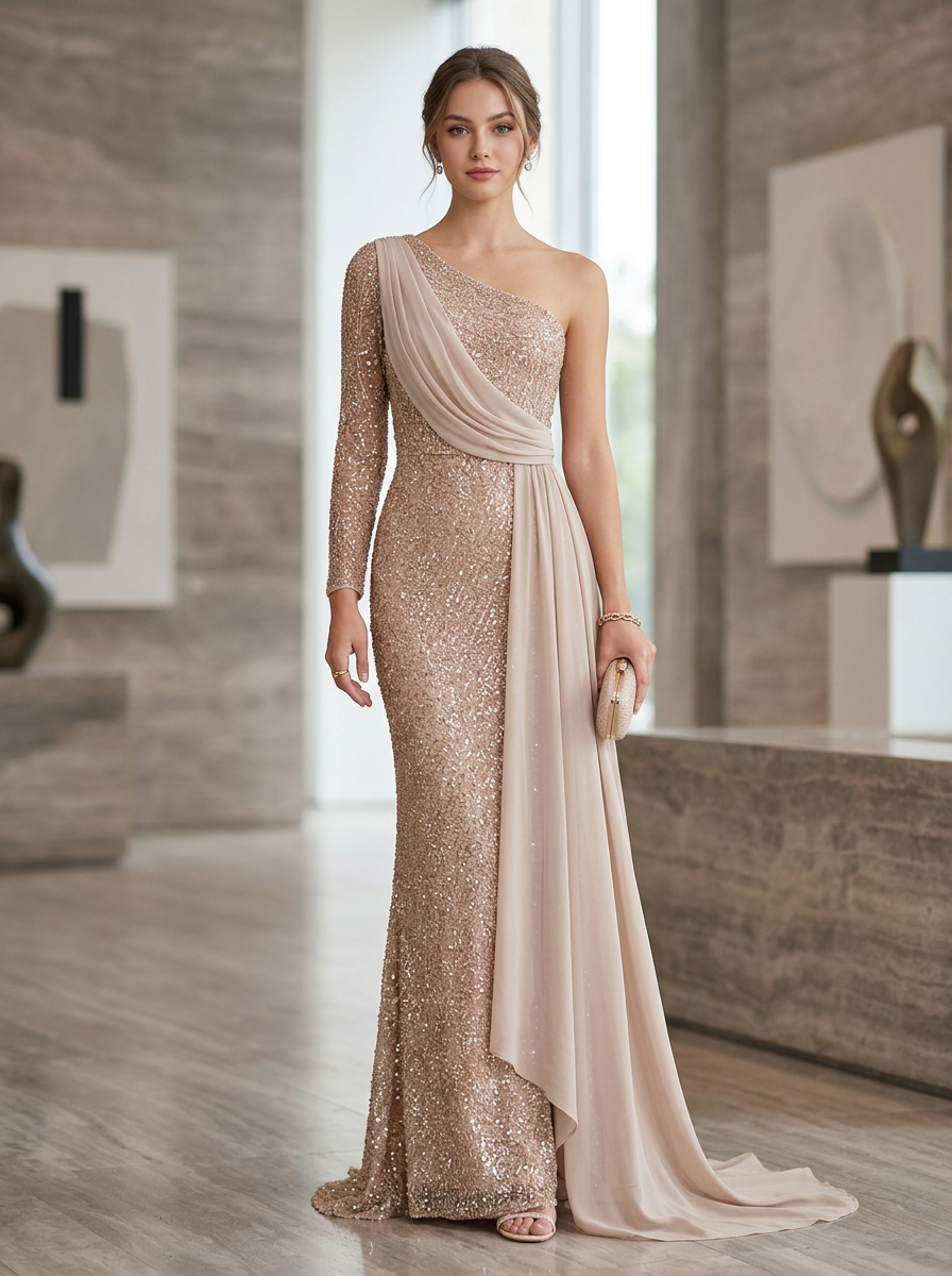 Champagne One‑Shoulder Long‑Sleeve Mermaid Sequin Chiffon Draped Sash Maxi Dress