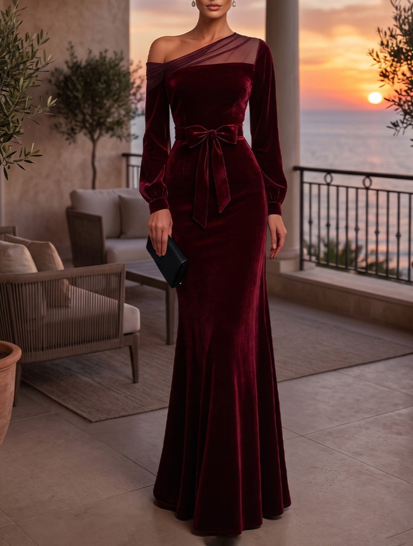 Burgundy Velvet One Shoulder Bow Belt Mermaid Maxi Dress