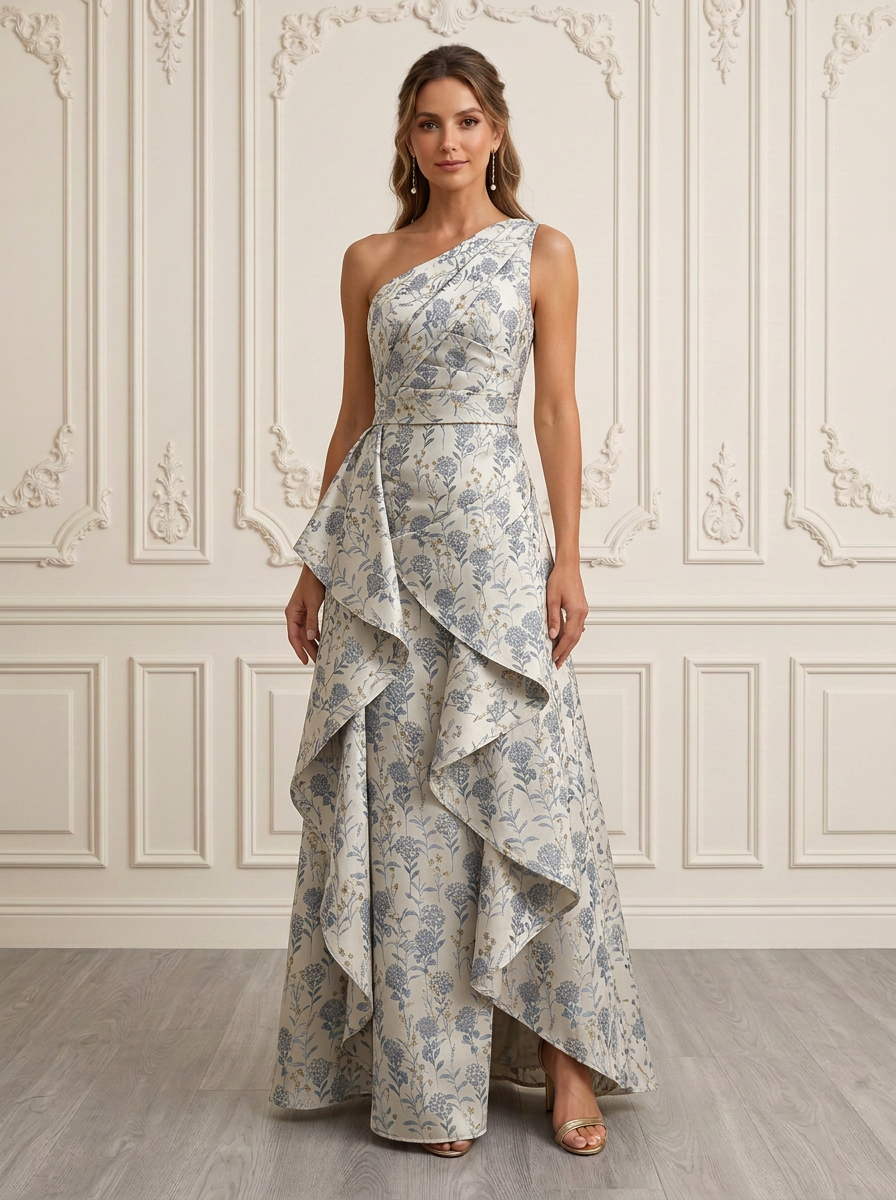 Dusty Blue One-Shoulder Sleeveless Floral Jacquard Asymmetric Ruffle A-Line Maxi Dress