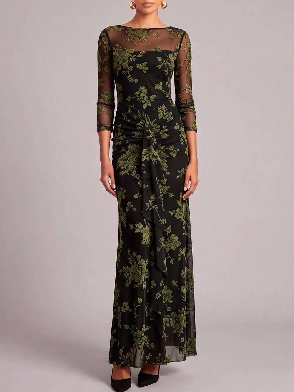 Black Round Neck 3/4 Sleeve Floral Embroidery Ruched Waist Sheath Maxi Dress