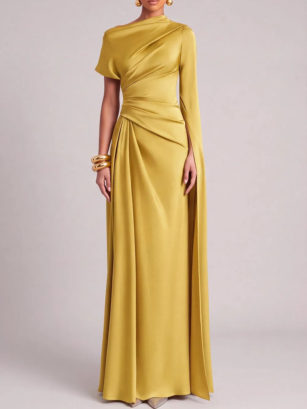 Mustard Asymmetric One-Shoulder Cape Sleeve Draped Waist Sheath Maxi Dress