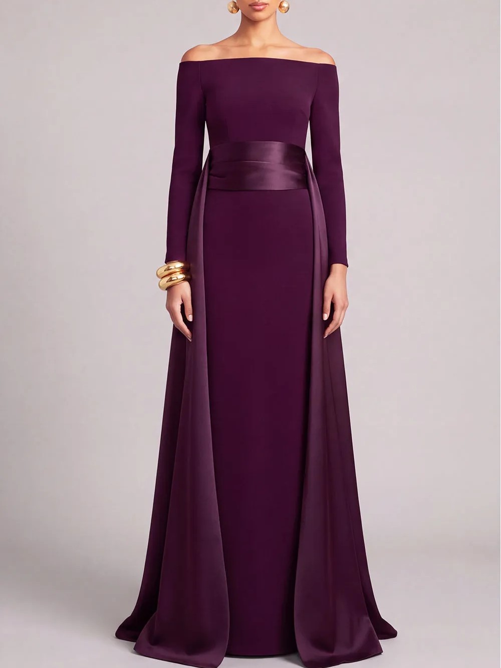 Burgundy Off-the-Shoulder Long Sleeve Sash Belt Sheath Maxi Dress