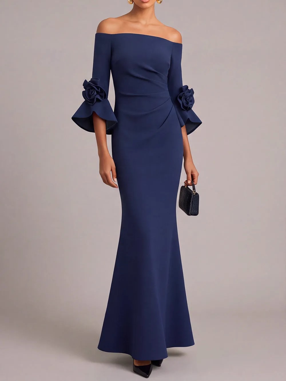 Navy Blue Off-the-Shoulder 3/4 Flare Sleeve 3D Flower Cuff Mermaid Maxi Dress
