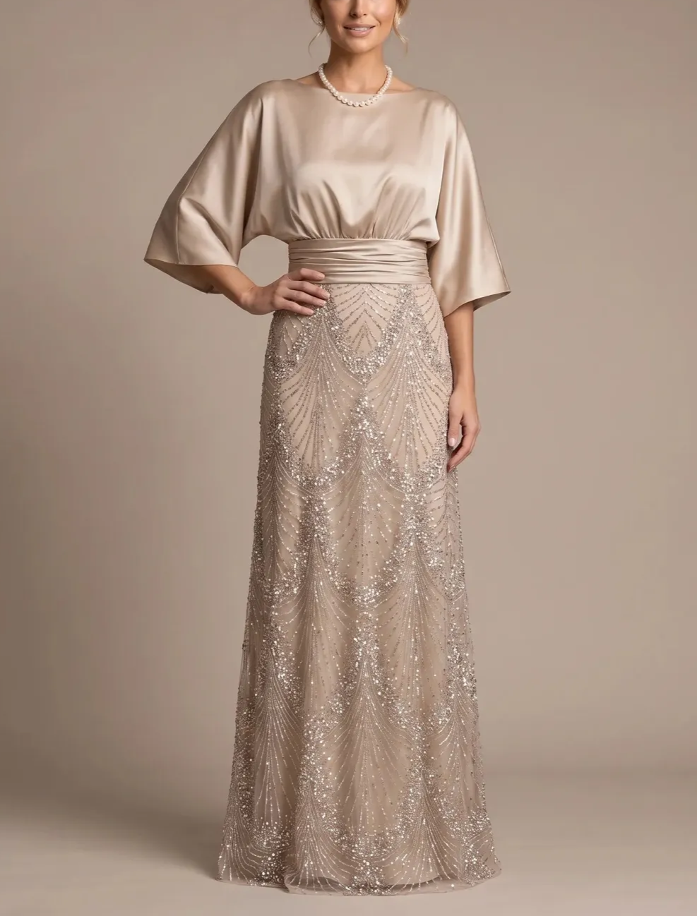 Champagne Bateau Neck Satin 3/4 Batwing Sleeves Maxi Dress