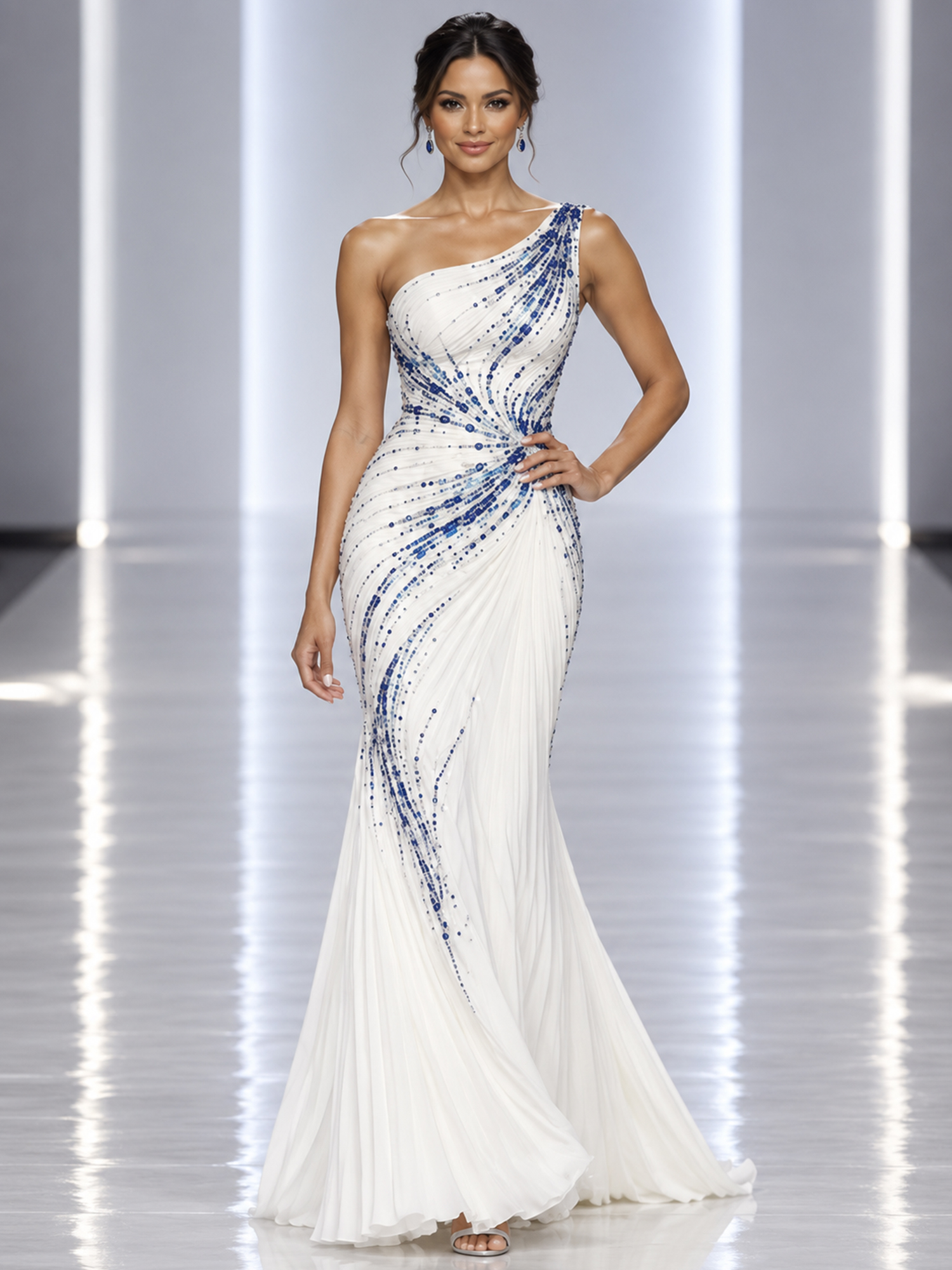 White One-Shoulder Sleeveless Blue Beaded Mermaid Maxi Dress