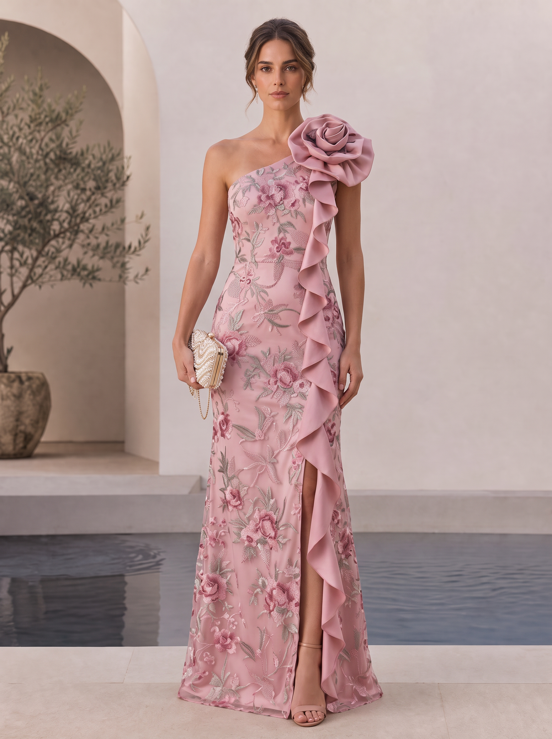 Dusty Pink Floral Embroidery One Shoulder Mermaid Maxi Evening Gown
