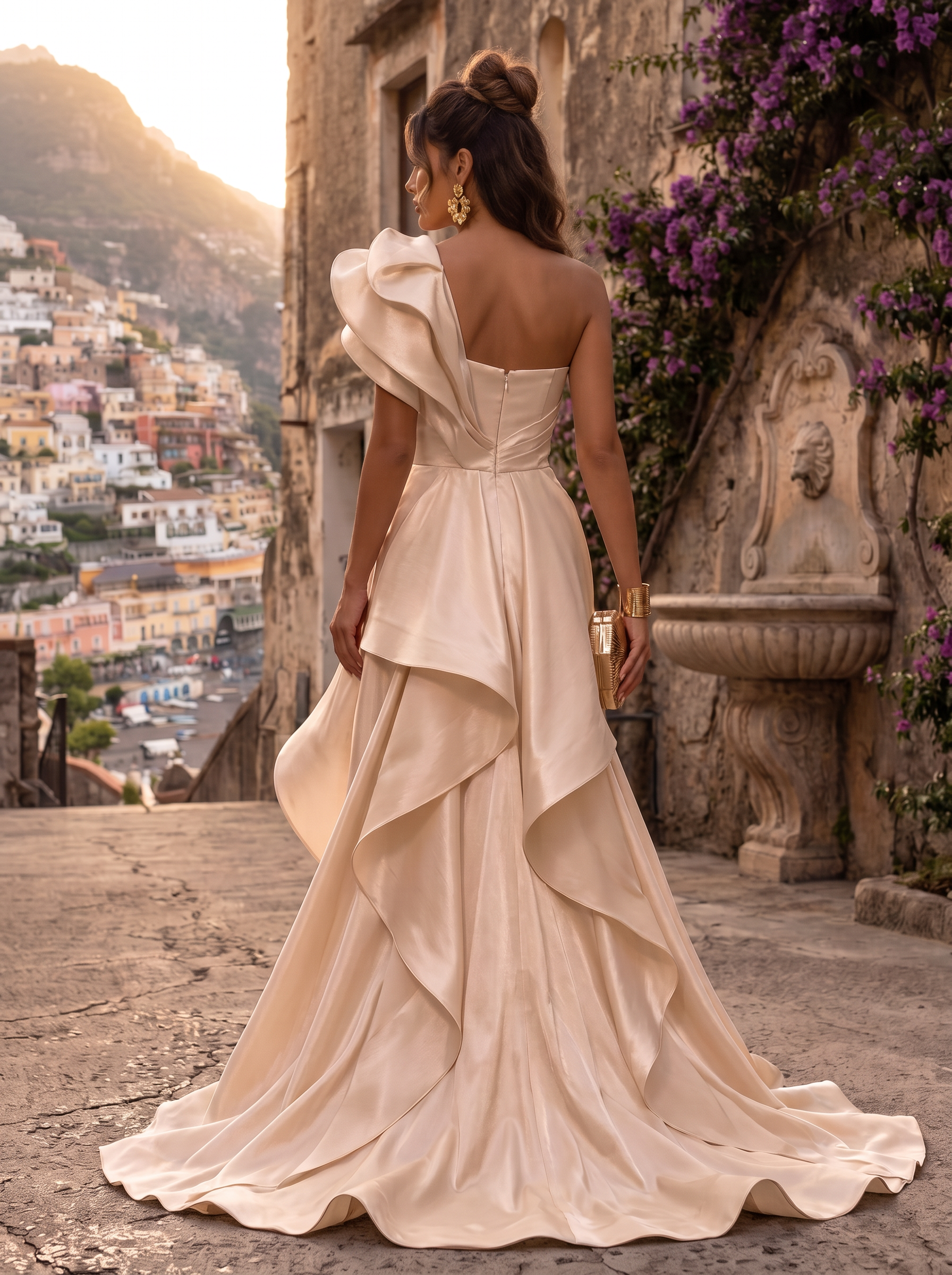 Champagne One-Shoulder Satin Ruffle High-Slit Maxi Dress