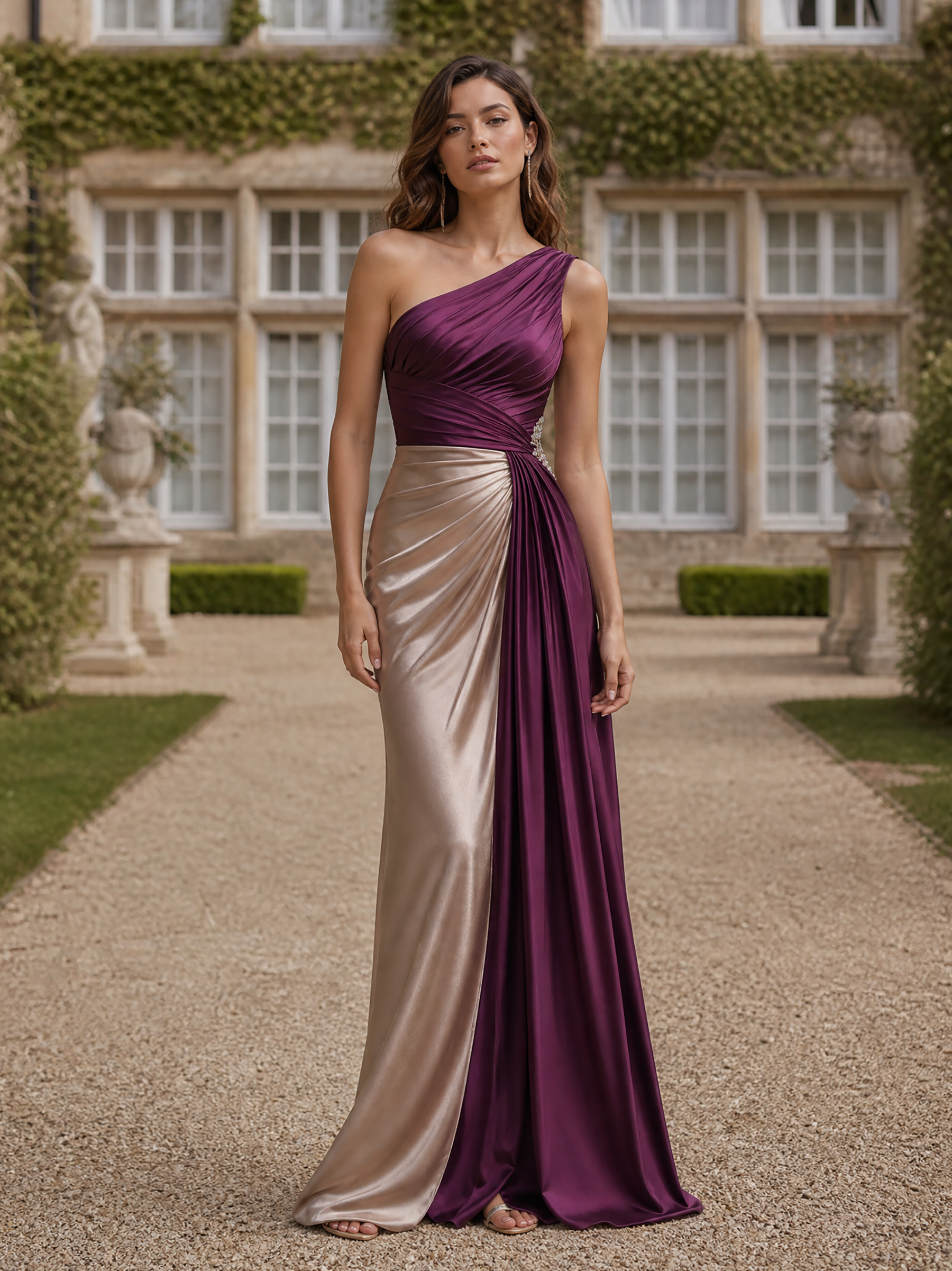 Purple & Champagne One-Shoulder Satin Draped Maxi Dress