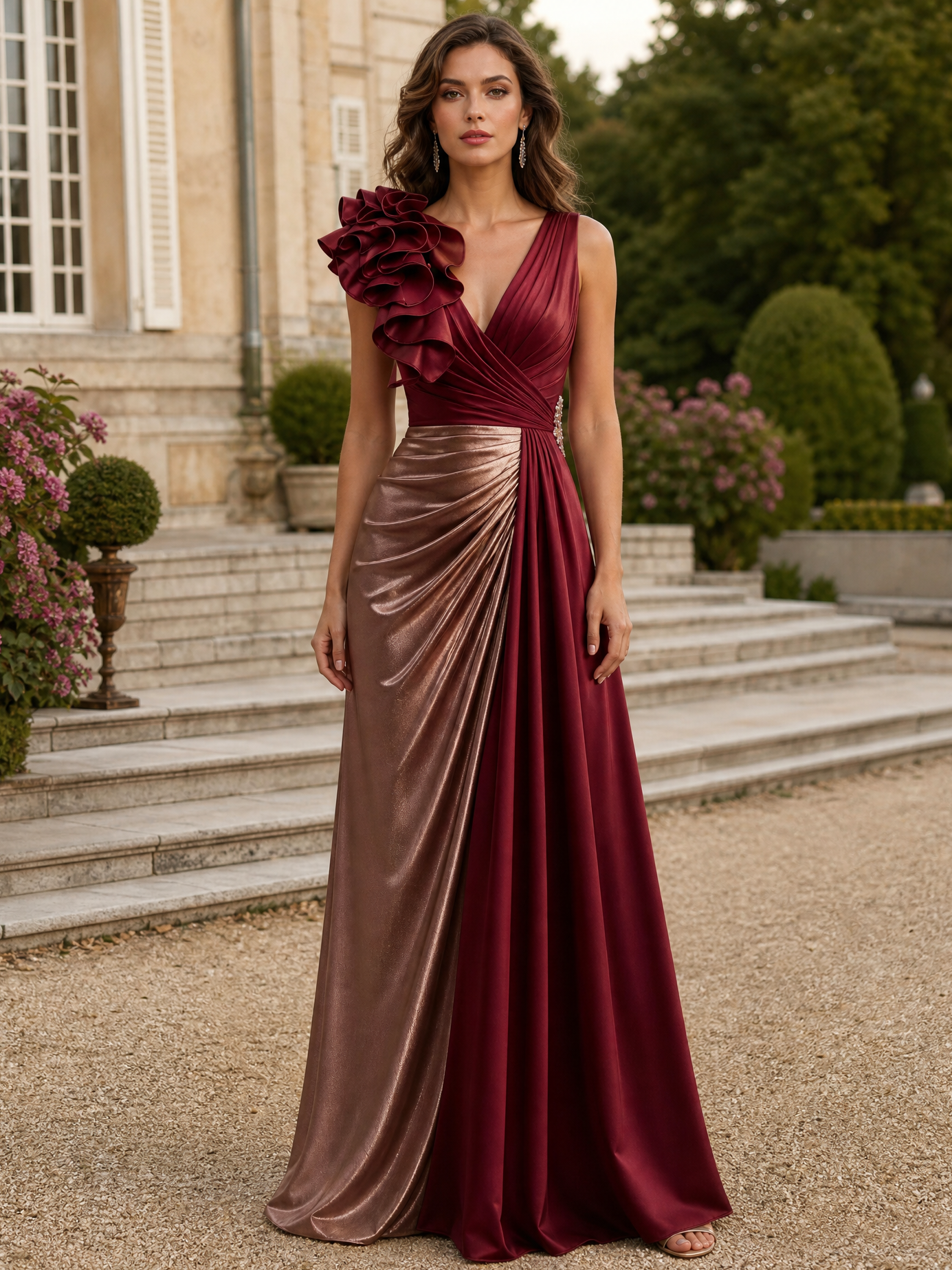 Burgundy & Rose Gold Deep-V Floral Ruffle Maxi Dress