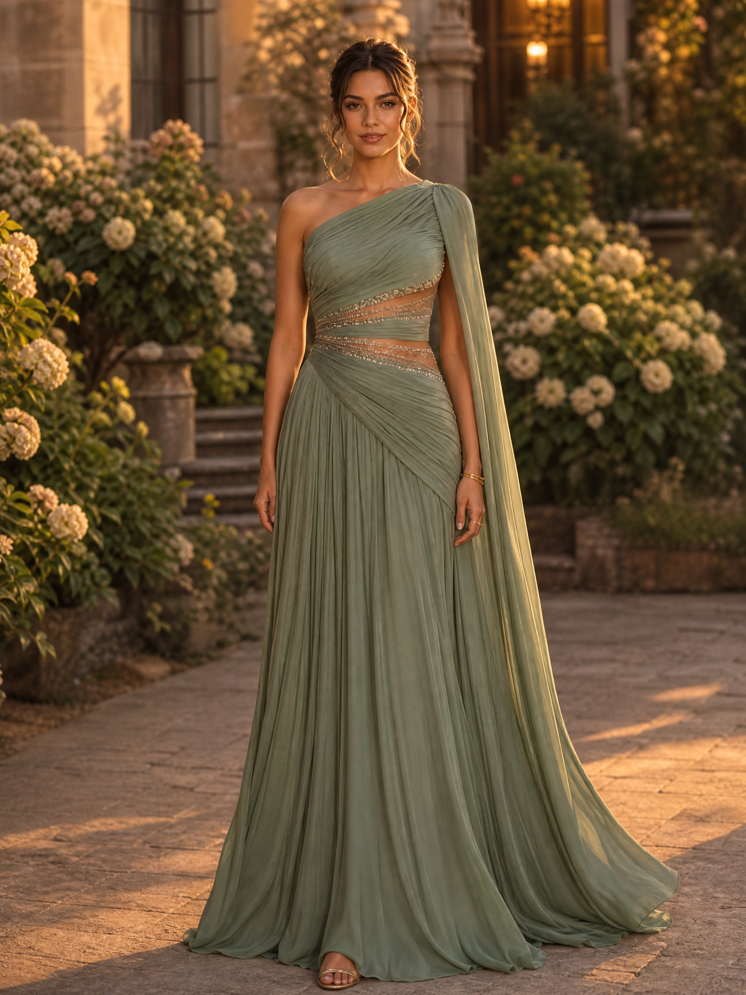 Sage Green One-Shoulder Cape-Sleeve Beaded Cutout Ruched A-Line Maxi Dress