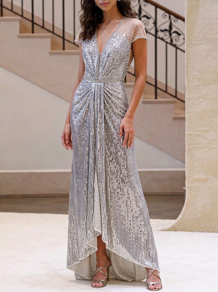 Silver V-Neck Cap Sleeve Sequin Beaded Sheath Maxi Dress