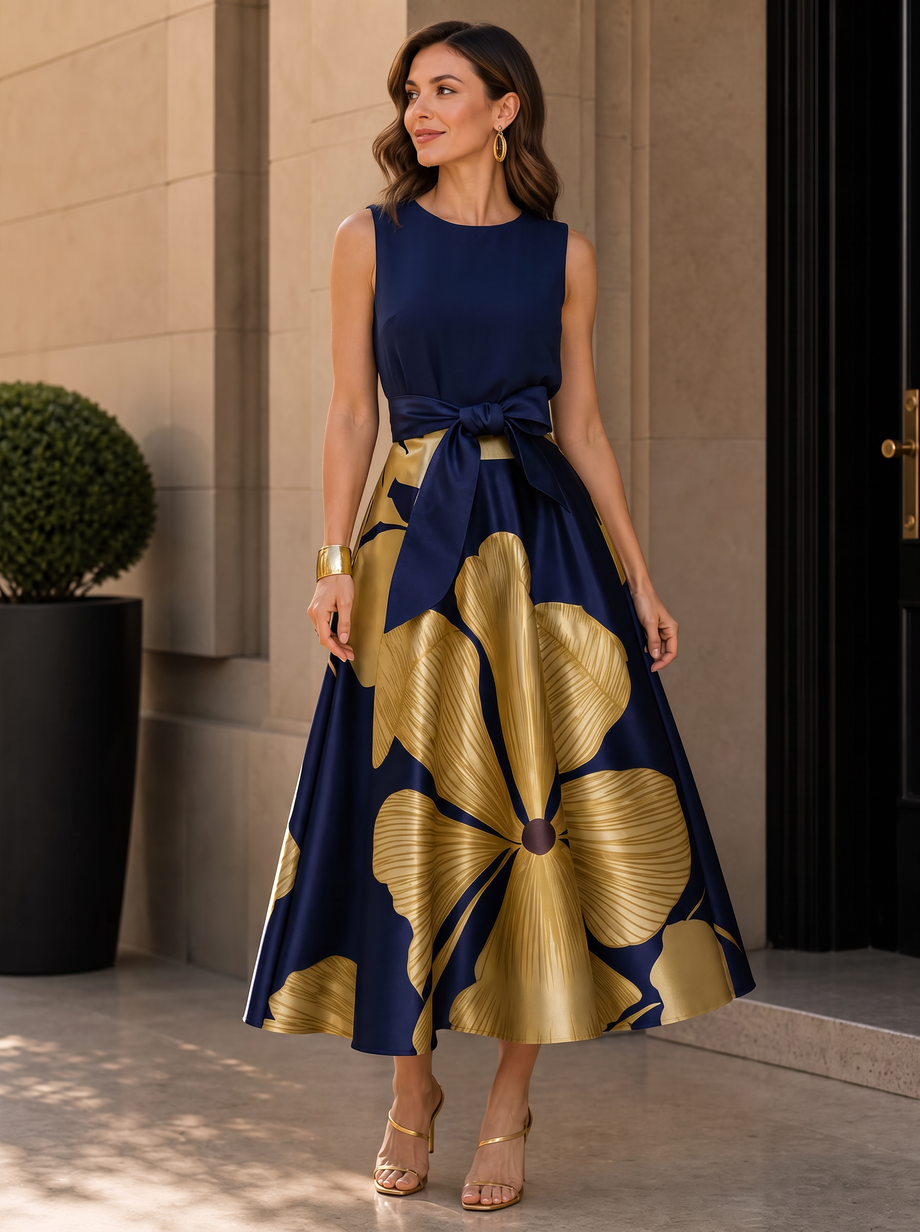 Navy Blue Gold Floral Round Neck Bow A-Line Midi Dress