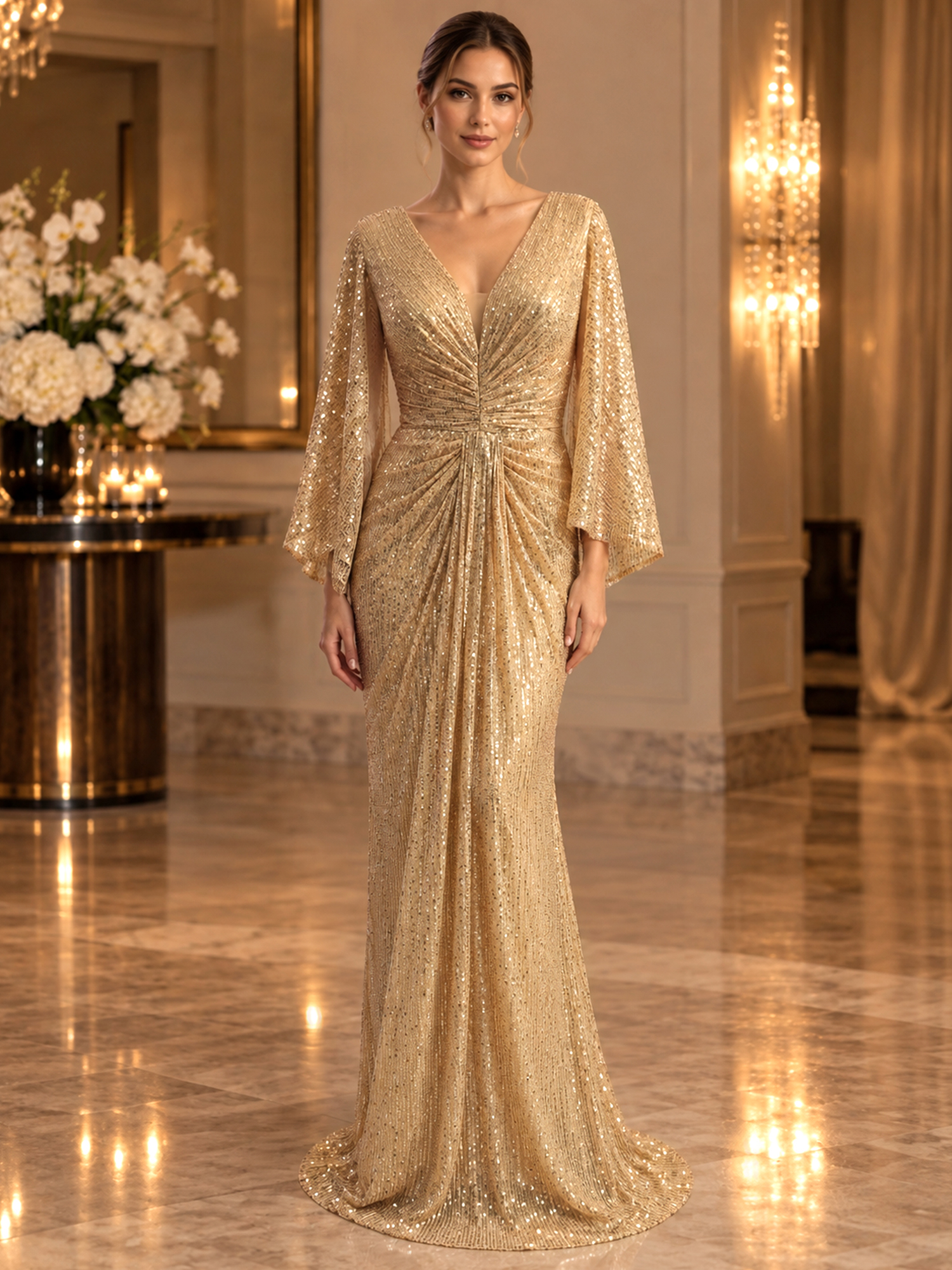 Gold Sequined V Neck Flare Sleeve Mermaid Maxi Dress