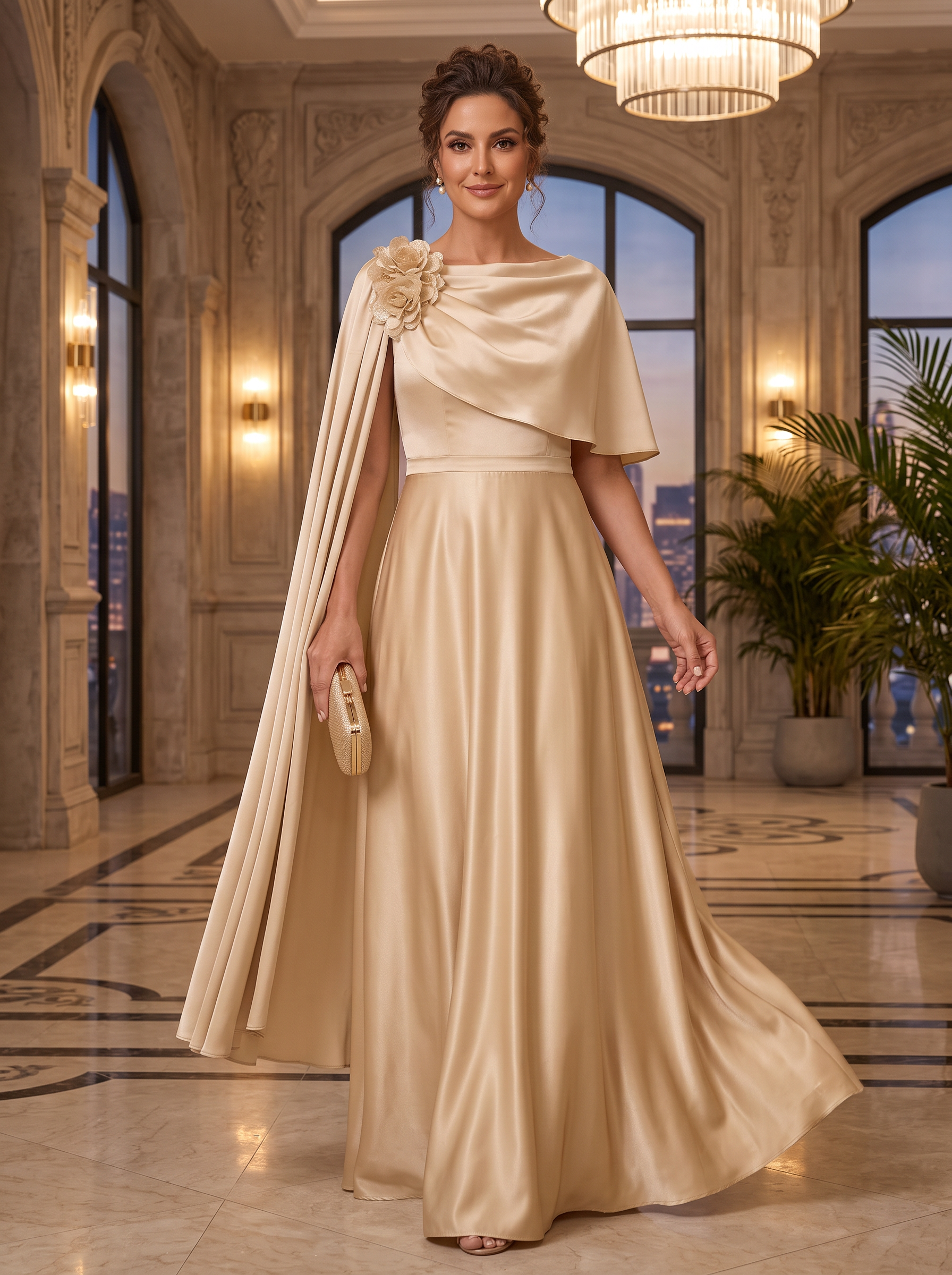 Champagne Cowl Neck Draped Shoulder Floral A-Line Maxi Dress