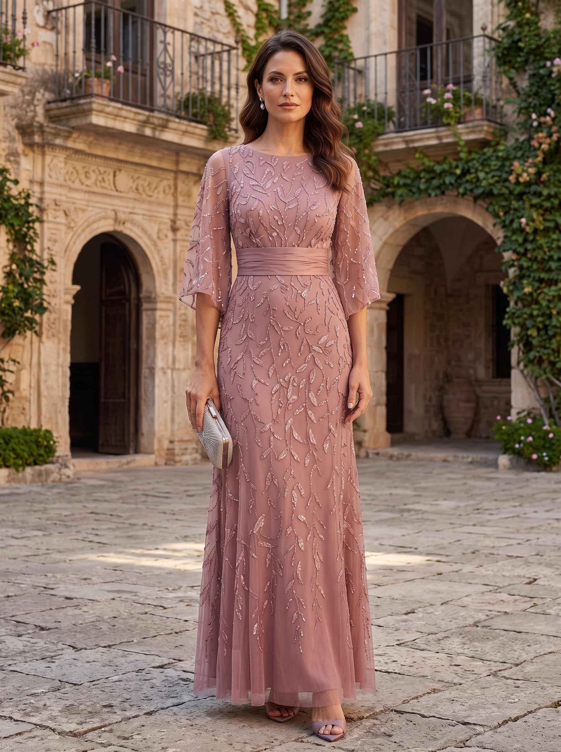 Dusty Rose Round Neck Flare Sleeve Sequin Leaf A-Line Maxi Dress