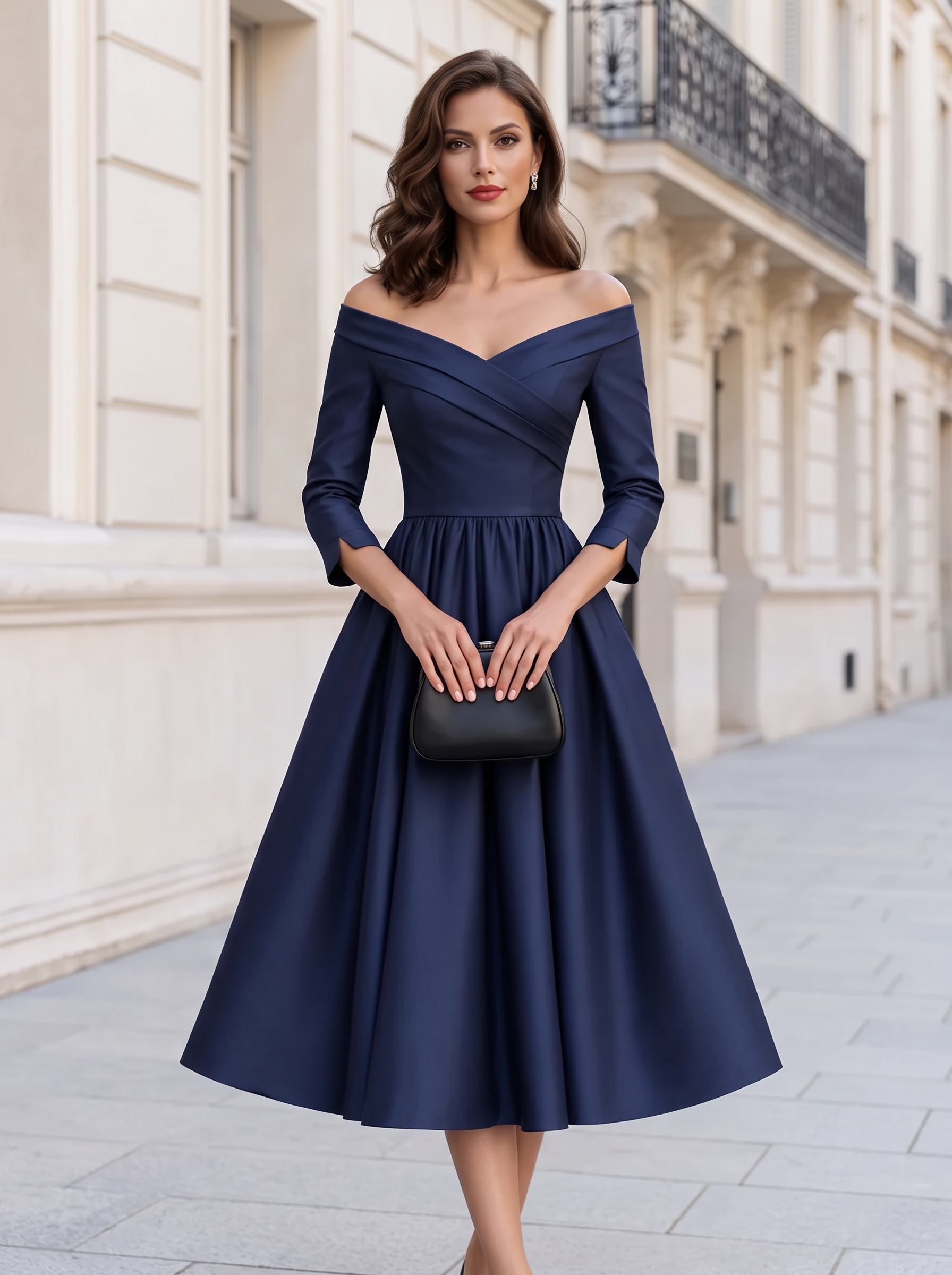 Navy Blue Off Shoulder Elbow Sleeve Cross Bodice A-Line Midi Dress