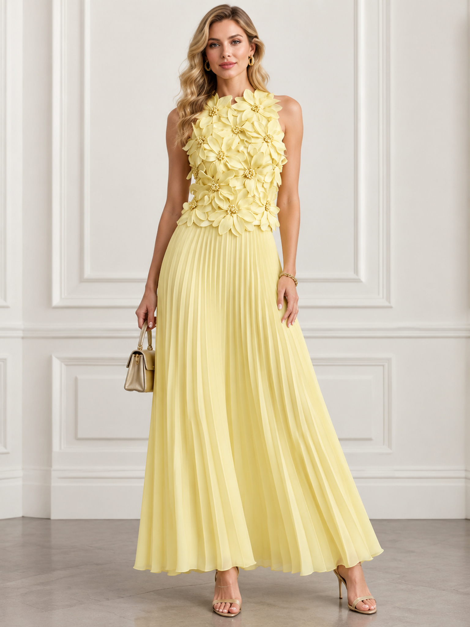 Lemon Yellow High Neck Floral Applique Pleated Midi Dress