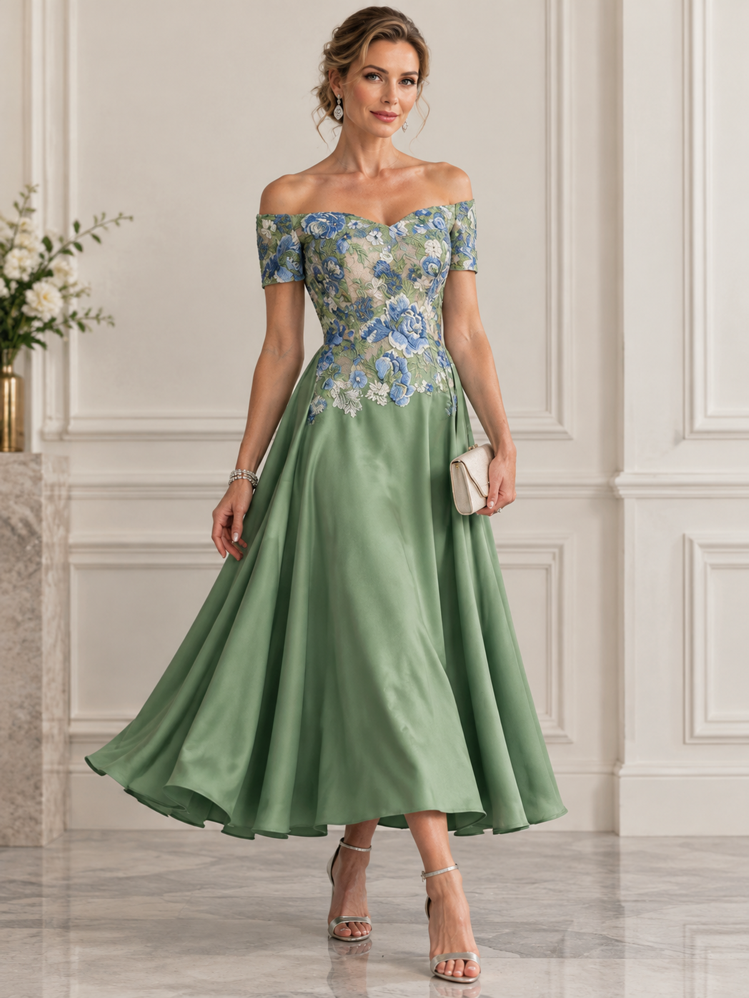 Emerald Green Off Shoulder Floral Lace A-Line Midi Dress
