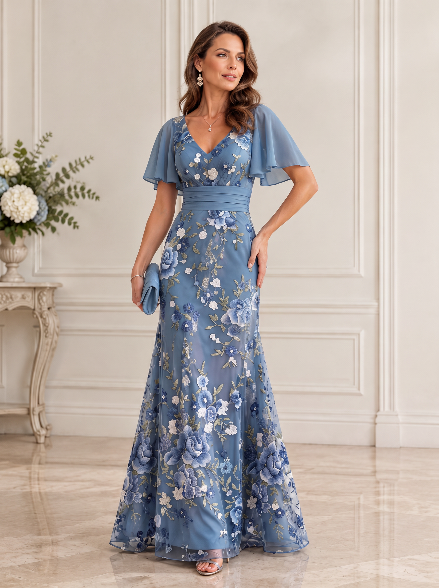 Dusty Blue V-Neck Cap Sleeve Floral Embroidery Mermaid Maxi Dress