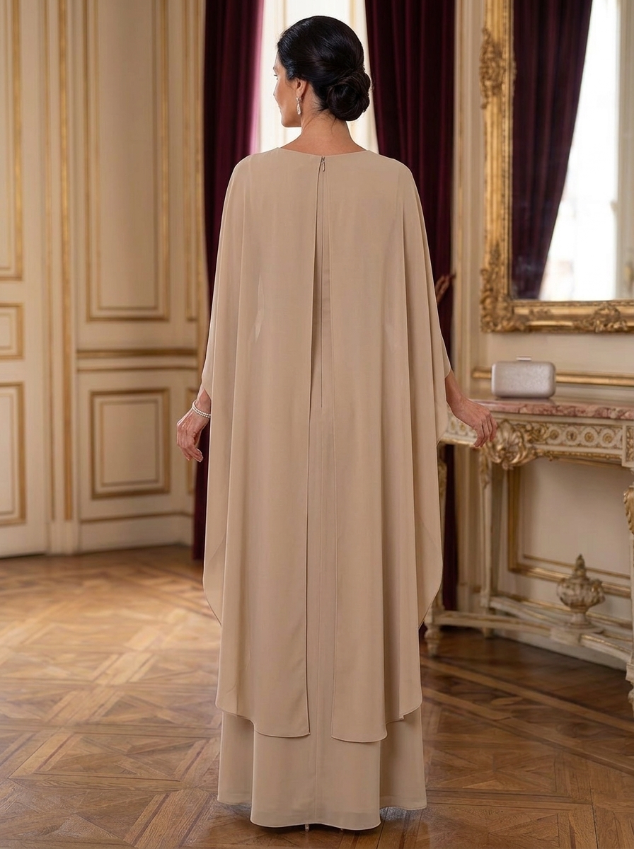 Champagne Draped Cape Beaded Floral A-Line Maxi Dress