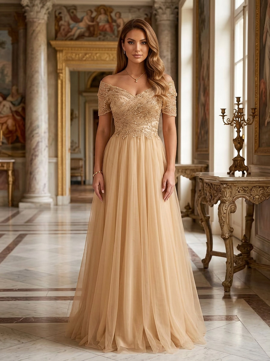 Champagne Off Shoulder Beaded Sleeve Tulle A-Line Maxi Dress