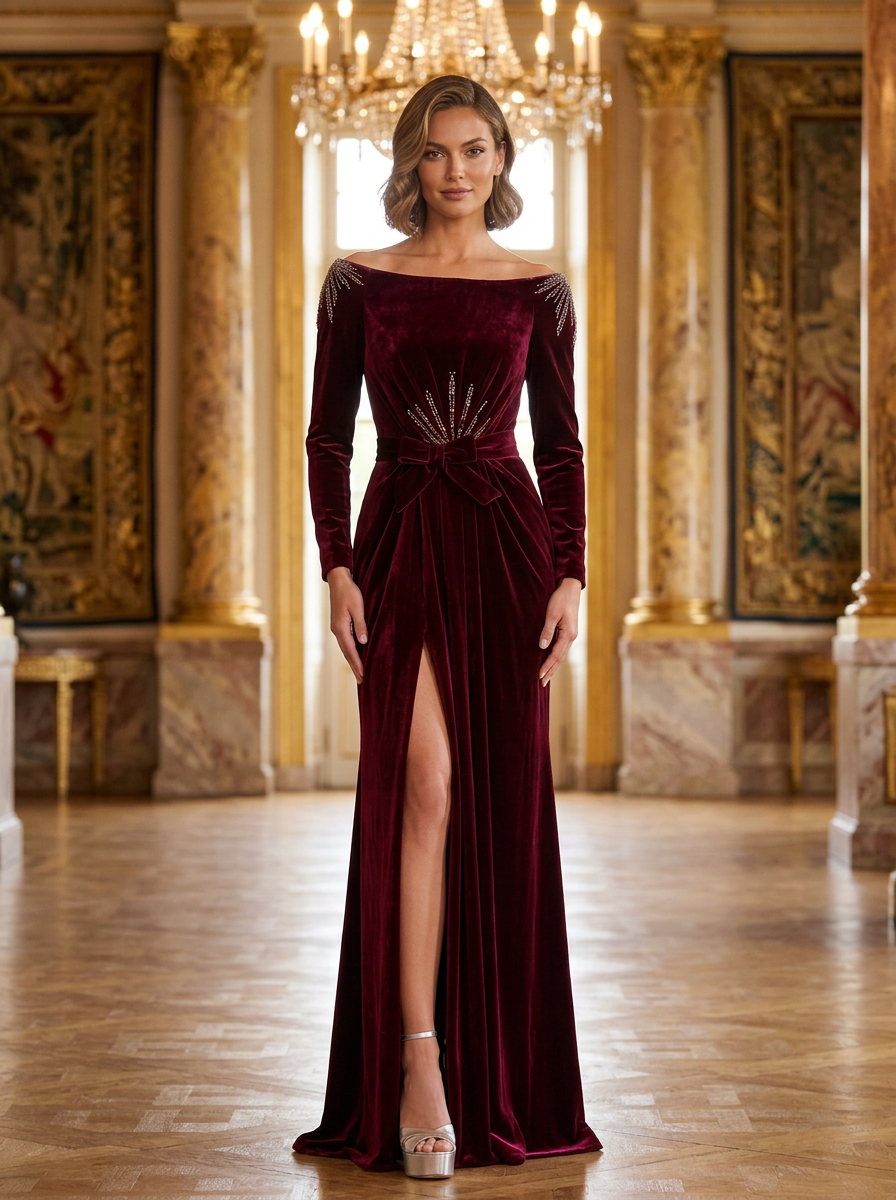 Burgundy Velvet Off Shoulder Long Sleeve Beaded Mermaid Maxi Dress