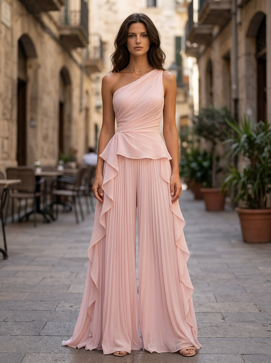 Blush Pink One-Shoulder Ruched Ruffle Wide Leg Jumpsuit