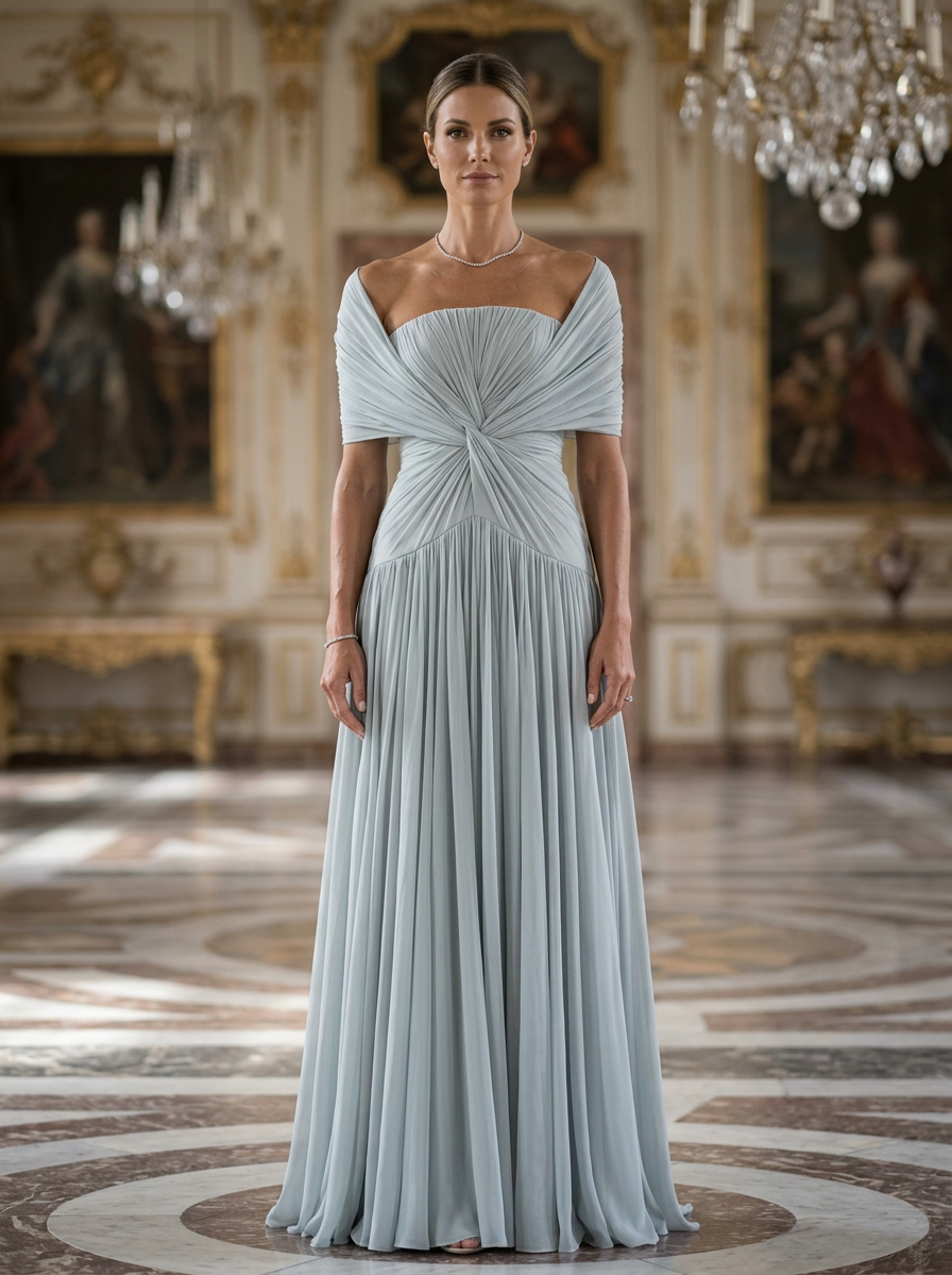 Dusty Blue Strapless Twist Waist Pleated Maxi Dress