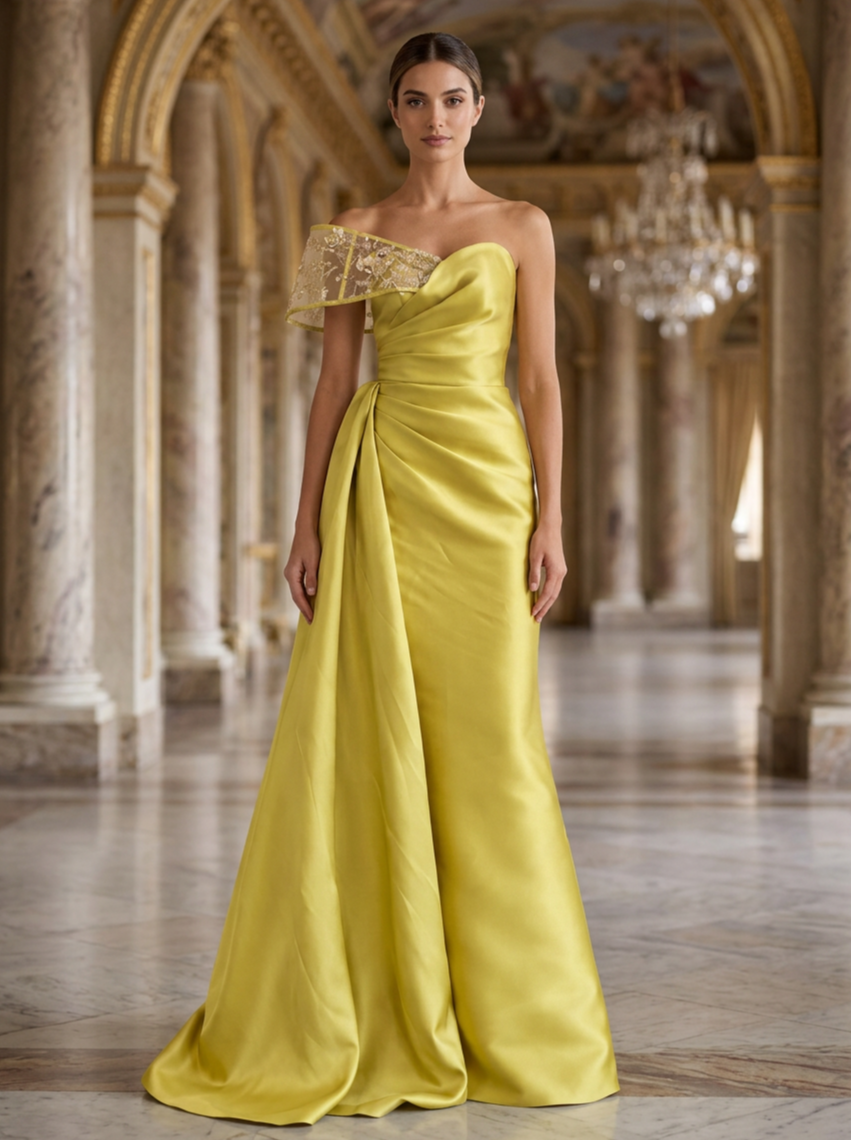 Mustard Yellow One-Shoulder Lace Satin Maxi Dress