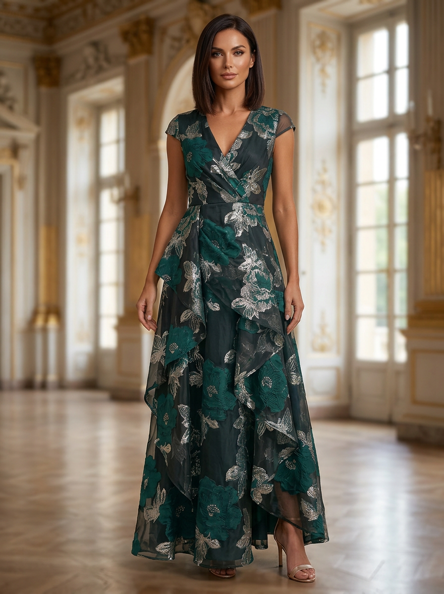 Emerald Green V-Neck Short Sleeve Floral Embroidery Maxi Dress