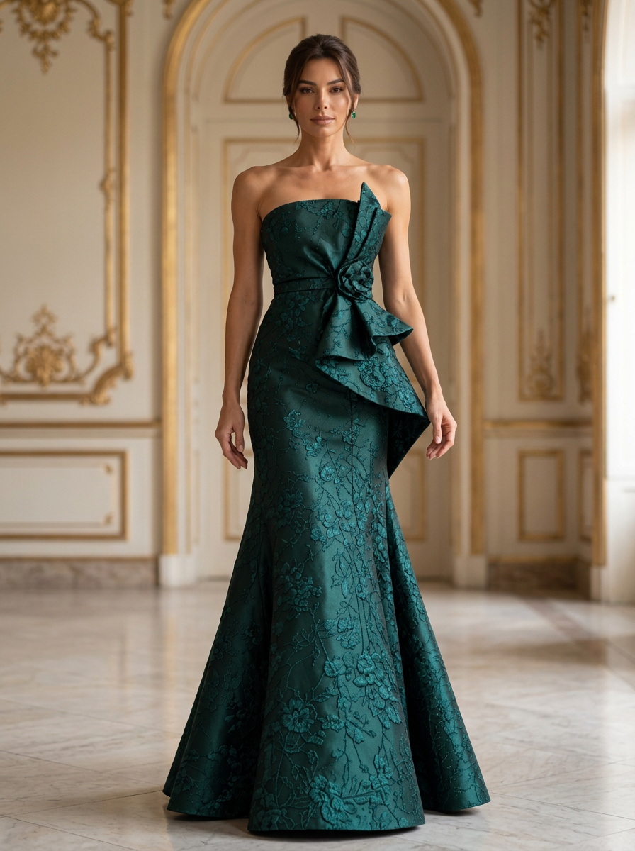 Emerald Green Strapless Floral Jacquard Bow Mermaid Maxi Dress