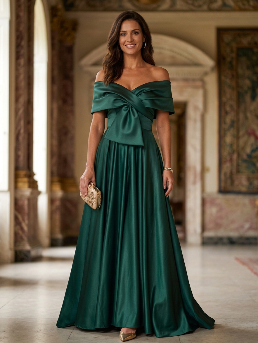 Emerald Green Off Shoulder Satin Bow A-Line Maxi Dress