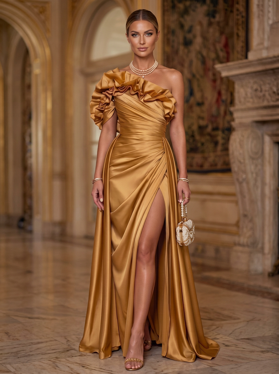 Gold One-Shoulder Ruffle Slit Maxi Dress