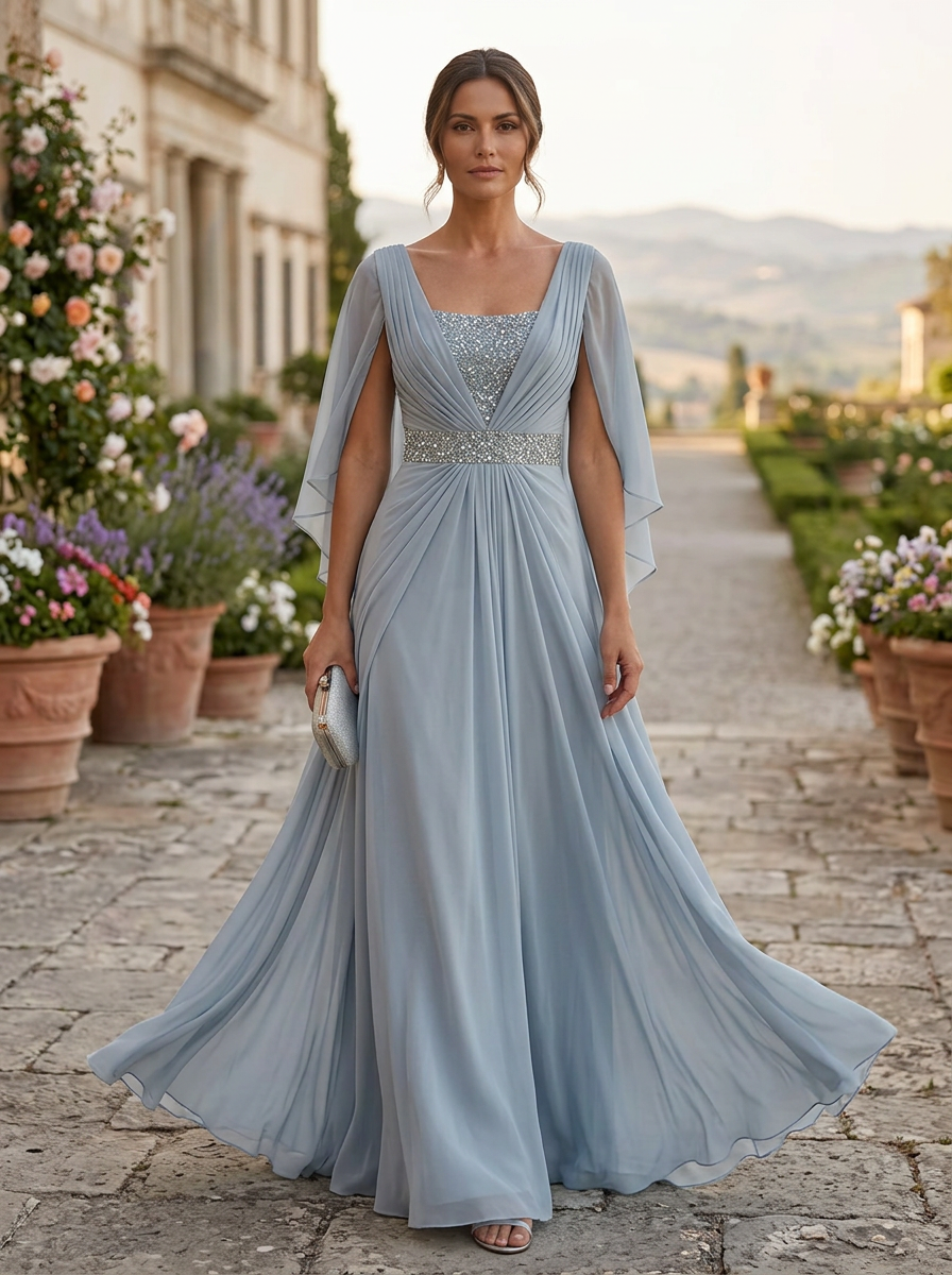 Ice Blue Chiffon Cape Sleeves Maxi Dress