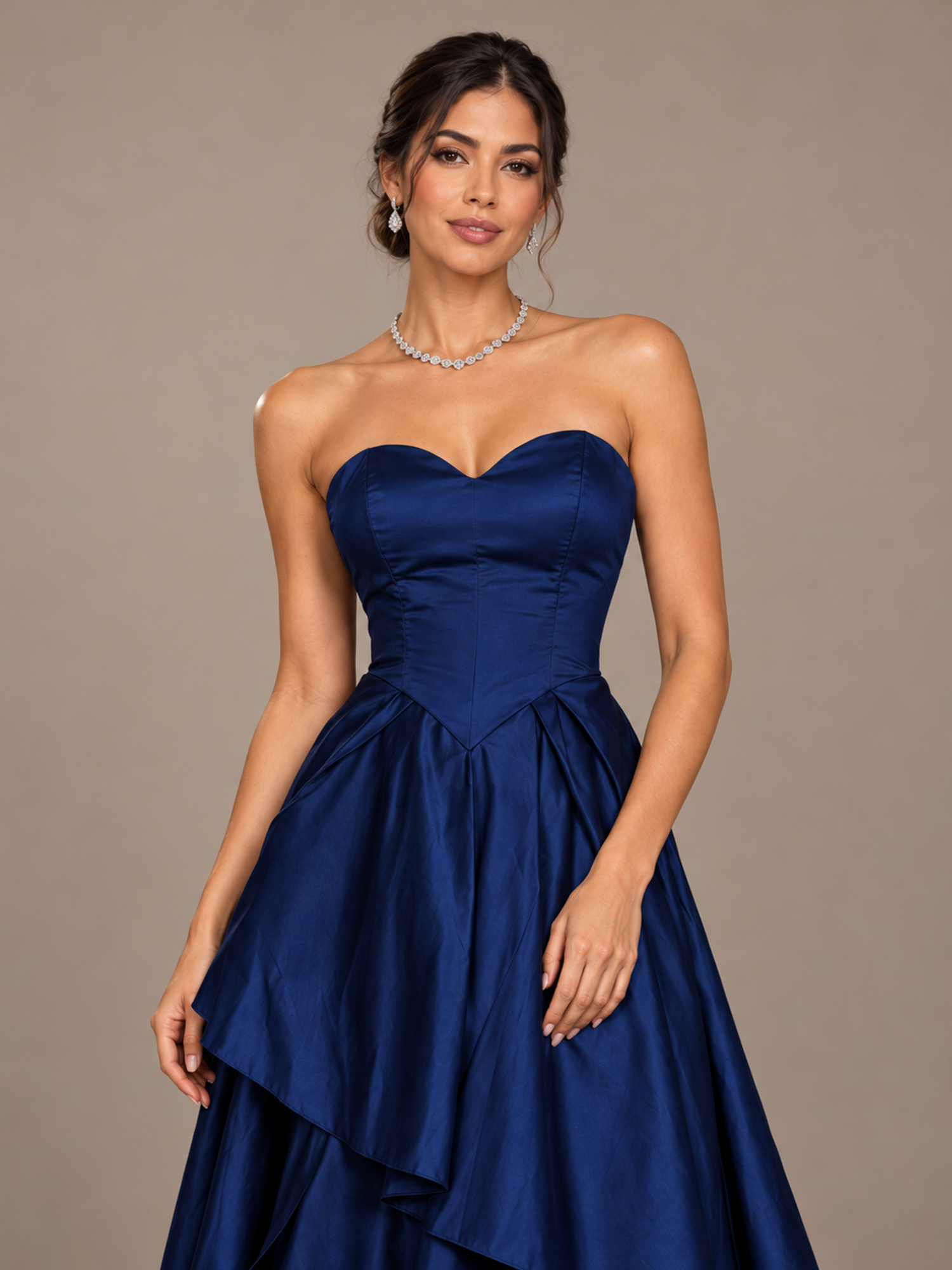 Navy Blue Strapless Sweetheart Tiered Ruffle A-Line Maxi Dress