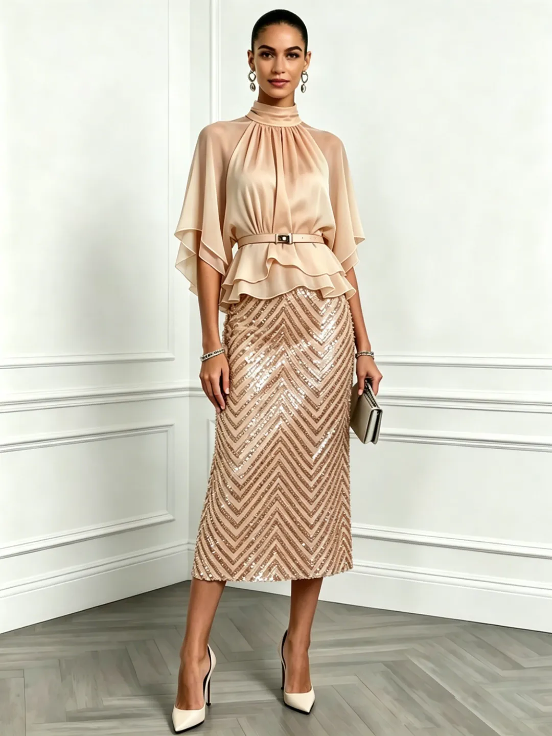 Apricot Ruffled Mock Neck Half Sleeve With Glitter Skirt Two-Piece Set