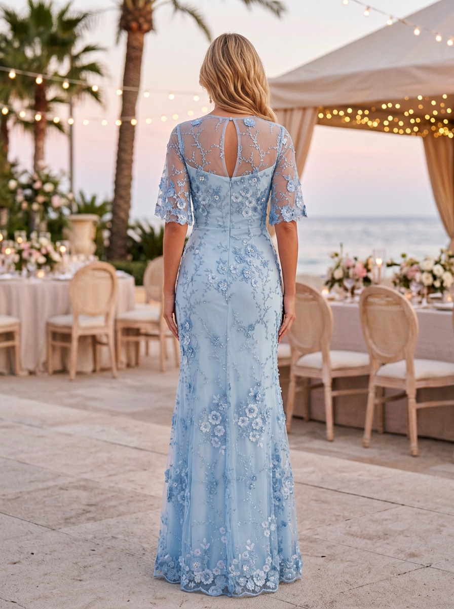 Light Blue Lace Embroidered 3/4 Sleeve Mermaid Maxi Dress