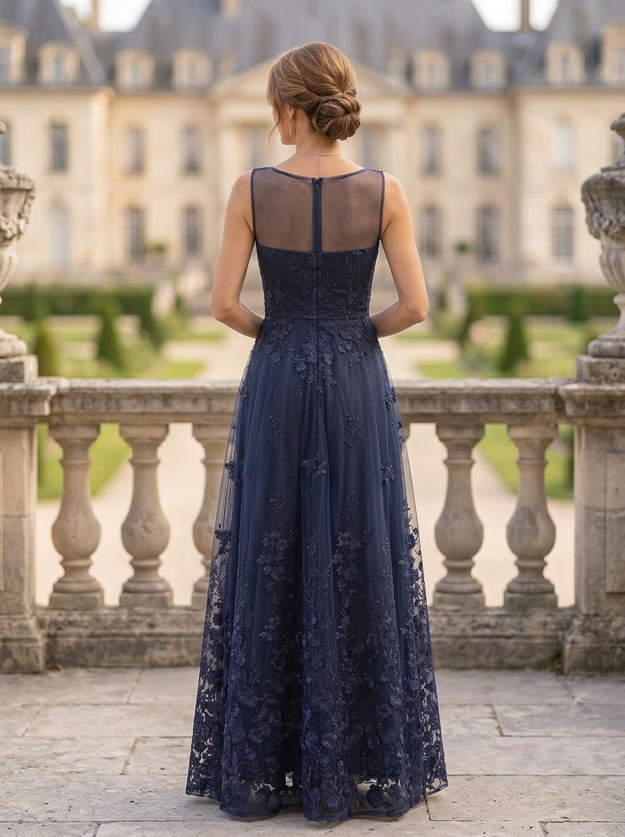 Navy Blue Lace Embroidered A-Line Maxi Dress with Jacket