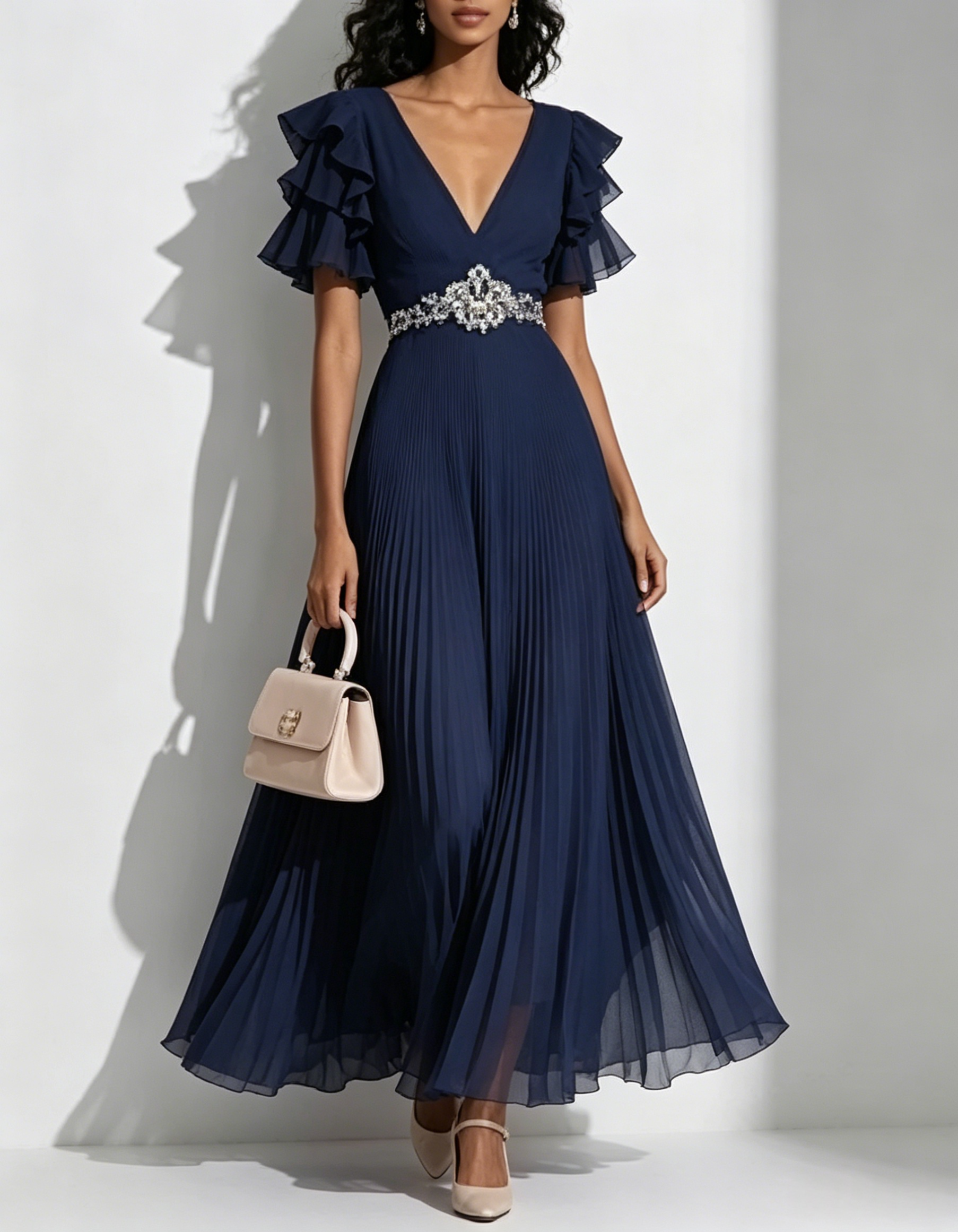 Blush V Neck Ruffled Sleeve Beaded Pleated Midi Dress
