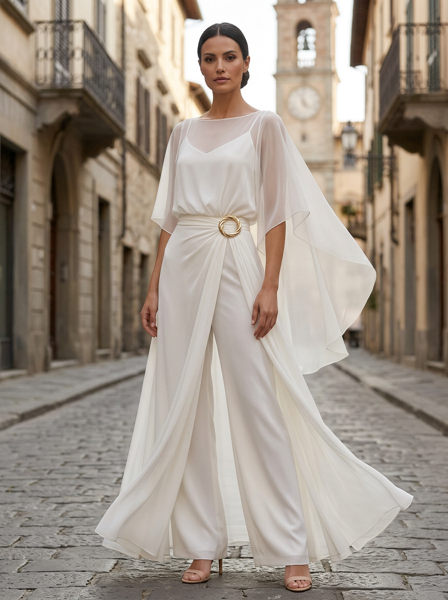 Elegant Chiffon Cape Sleeve Belted Wide Leg Jumpsuit