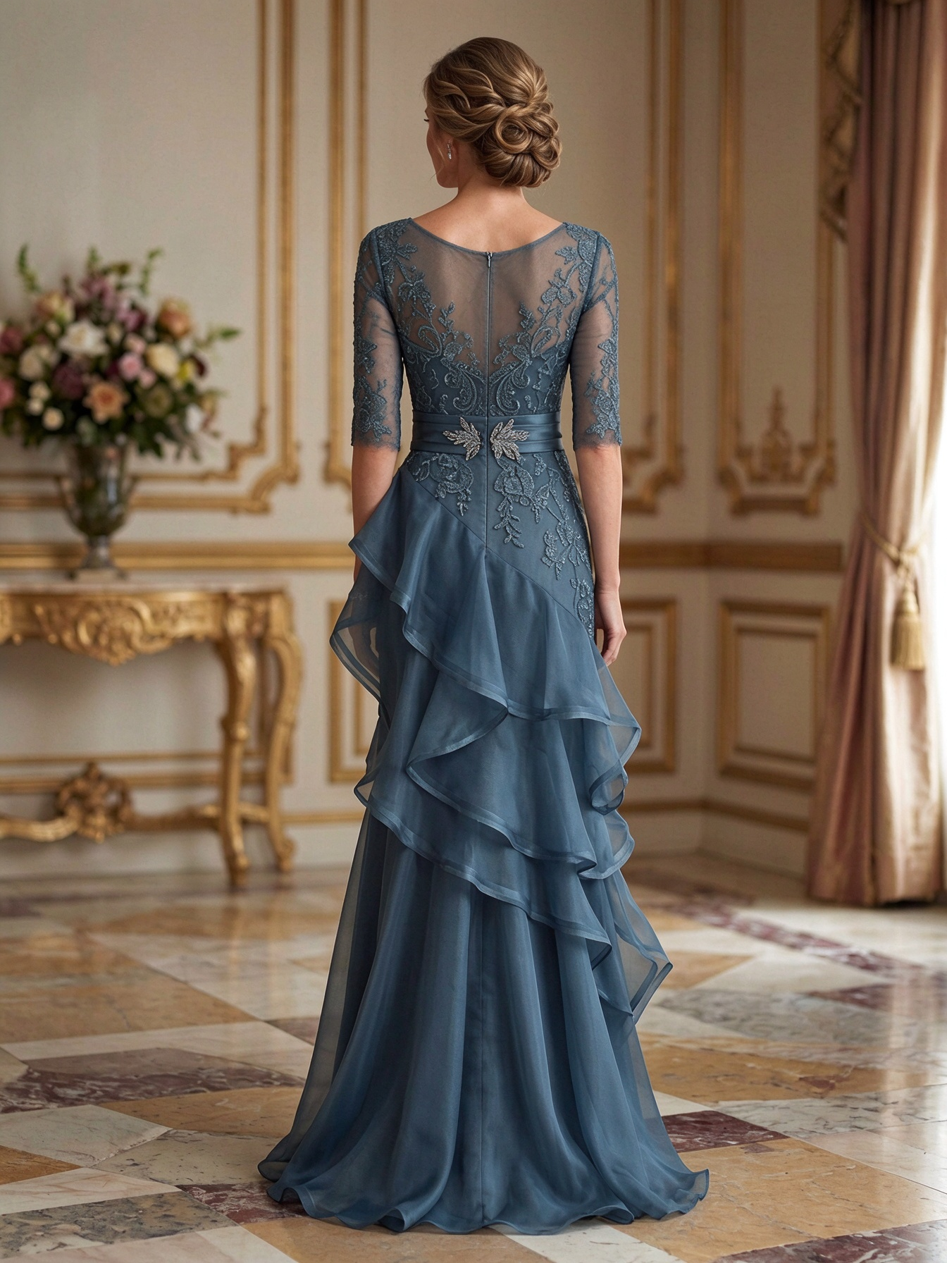 Dusty Blue V-Neck Lace Sleeve Bow Belt Ruffle Tulle Maxi Dress