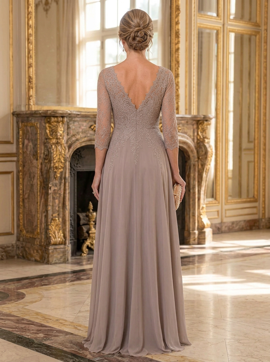 Taupe V-Neck Lace 3/4 Sleeve Chiffon Maxi Dress
