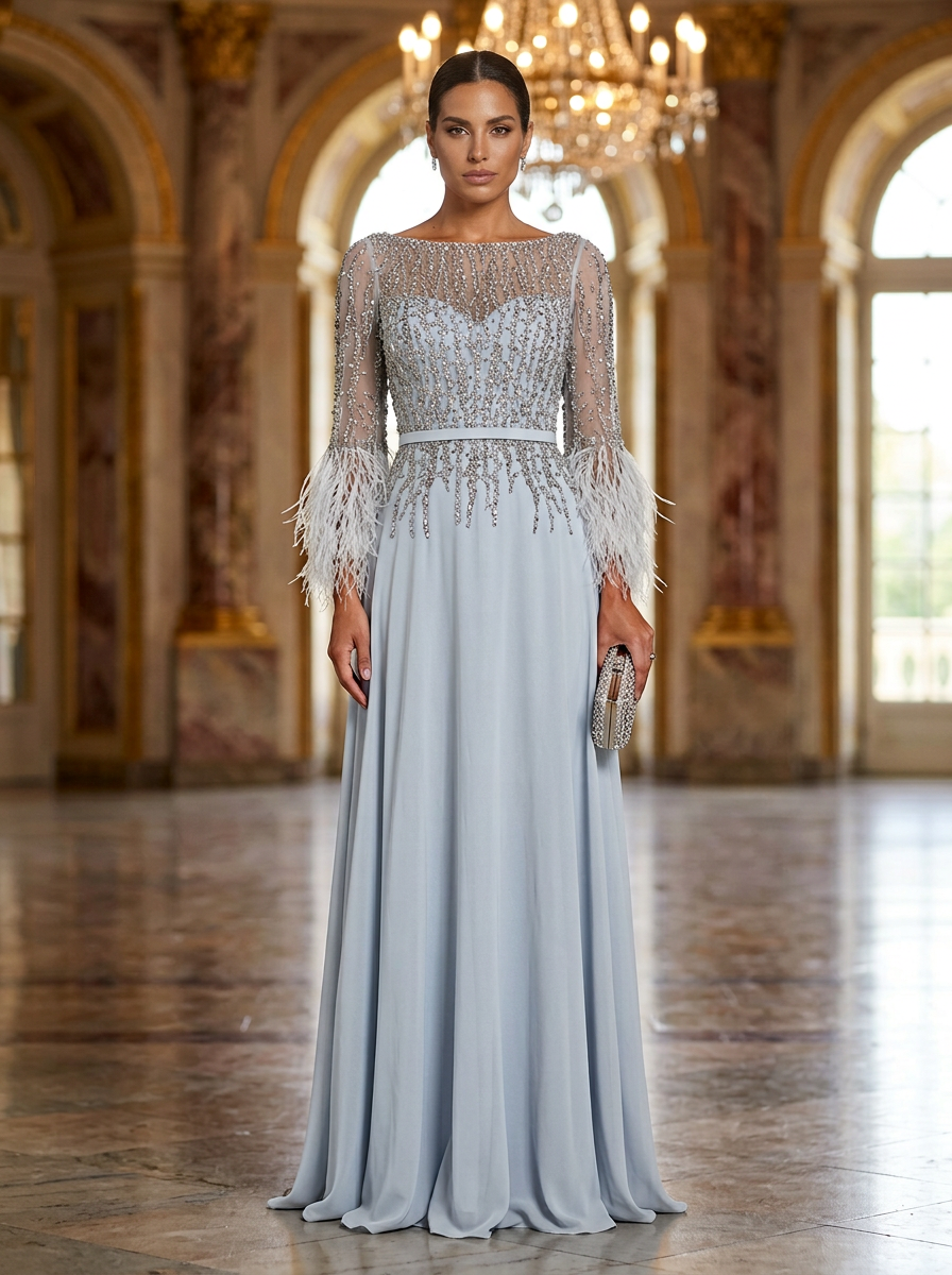 Light Blue Beaded Long Sleeve Feather Trim Maxi Dress