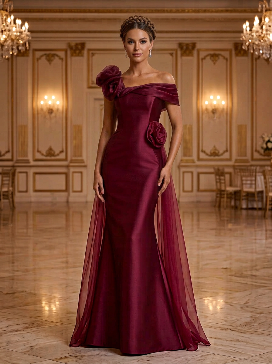 Burgundy Off Shoulder Floral Applique Tulle Mermaid Maxi Dress