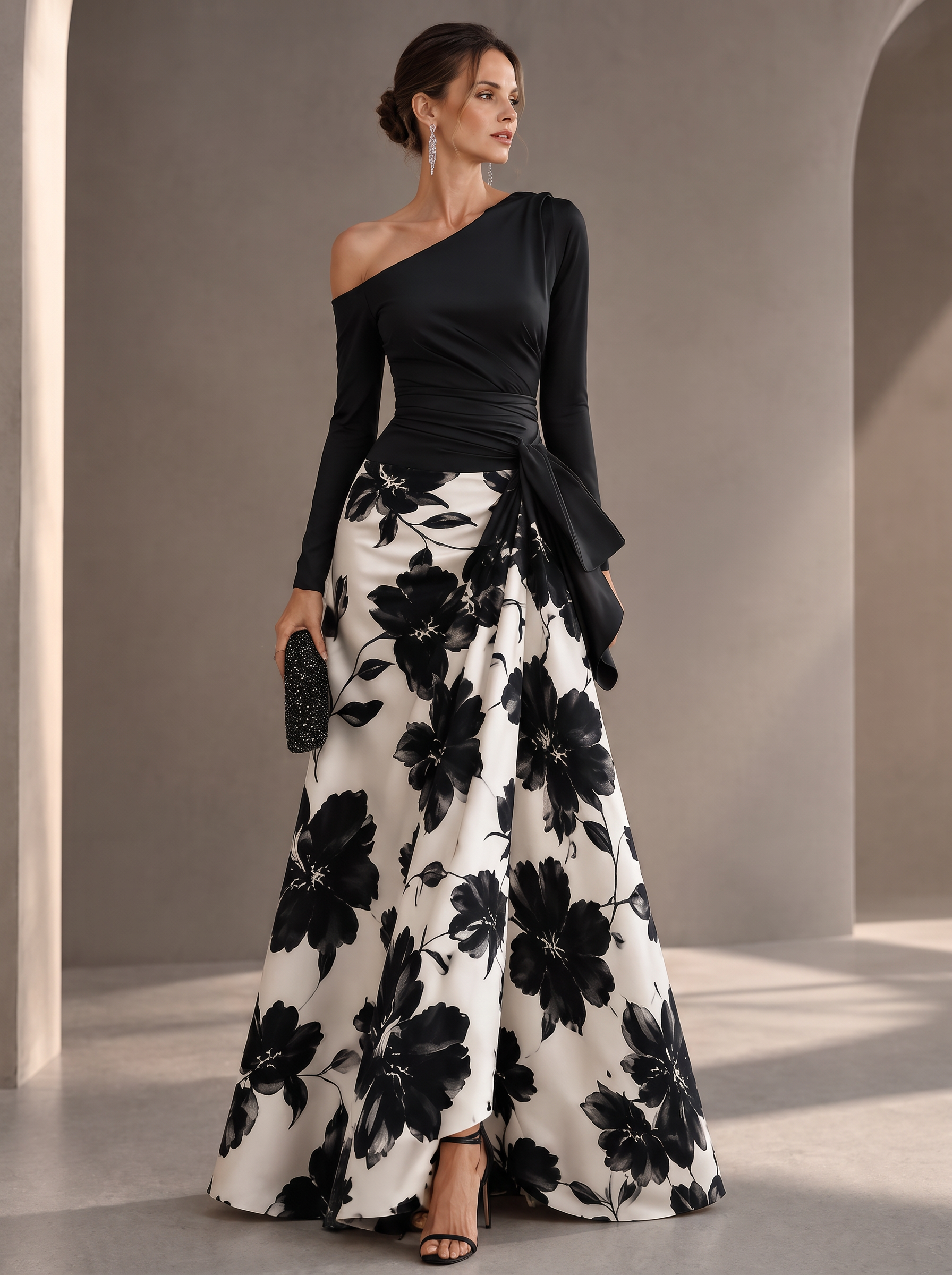 Black One-Shoulder Long Sleeve Floral Print Maxi Dress