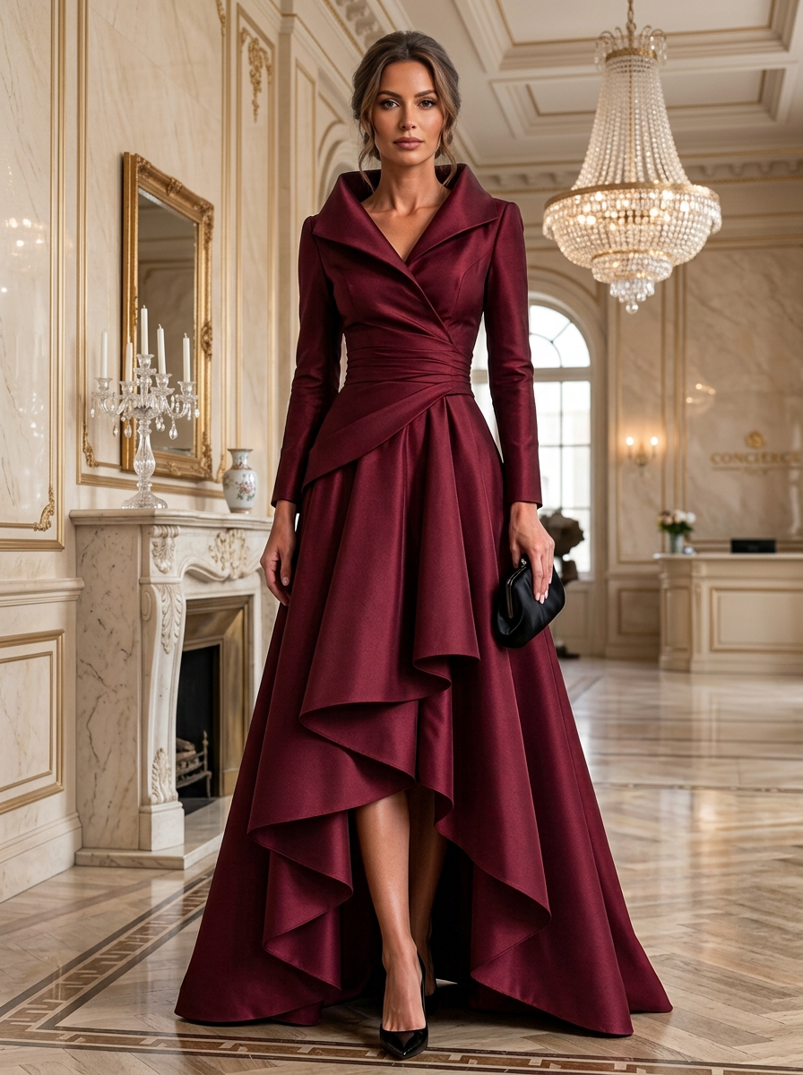 Burgundy Shawl Collar Long Sleeve Asymmetric Ruffle Maxi Dress
