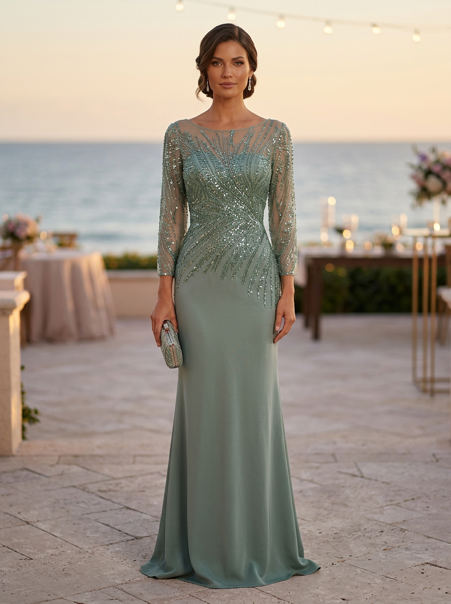 Sage Green Beaded 3/4 Sleeve Sheath Maxi Dress