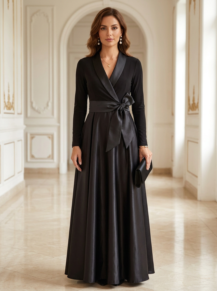 Black Shawl Collar Long Sleeve Bow Sash Satin A-Line Maxi Dress